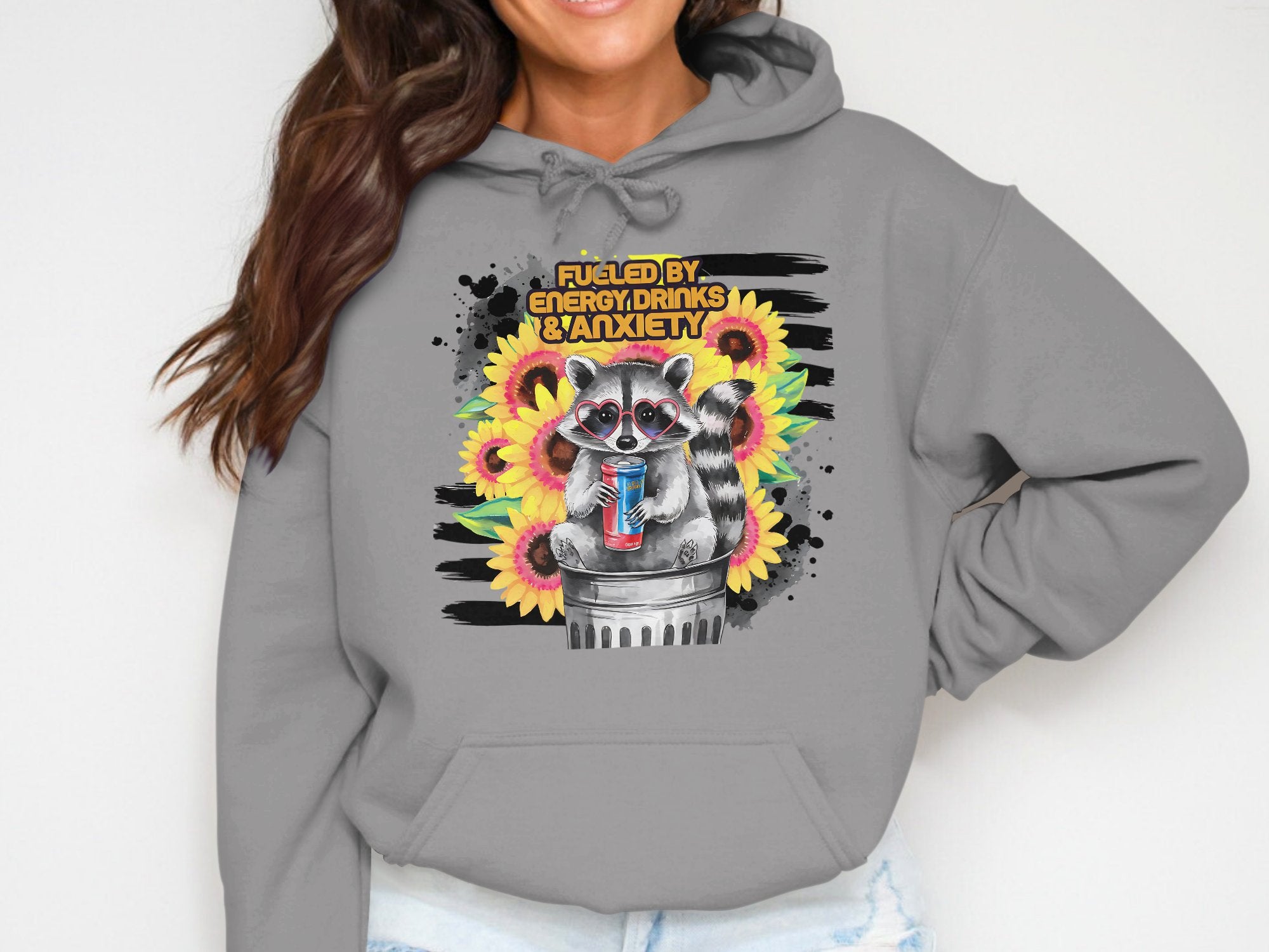 Fueled by Energy Drinks Raccoon Graphic Hoodie, Funny Animal Sweatshirt, Sunflower Urban Art Pullover, Casual Streetwear