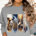 Women's Artistic Music Instruments Graphic Sweatshirt, Colorful Trumpet and Sheet Music Design, Casual Pullover