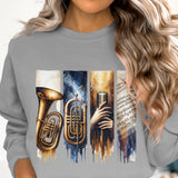 Women's Artistic Music Instruments Graphic Sweatshirt, Colorful Trumpet and Sheet Music Design, Casual Pullover
