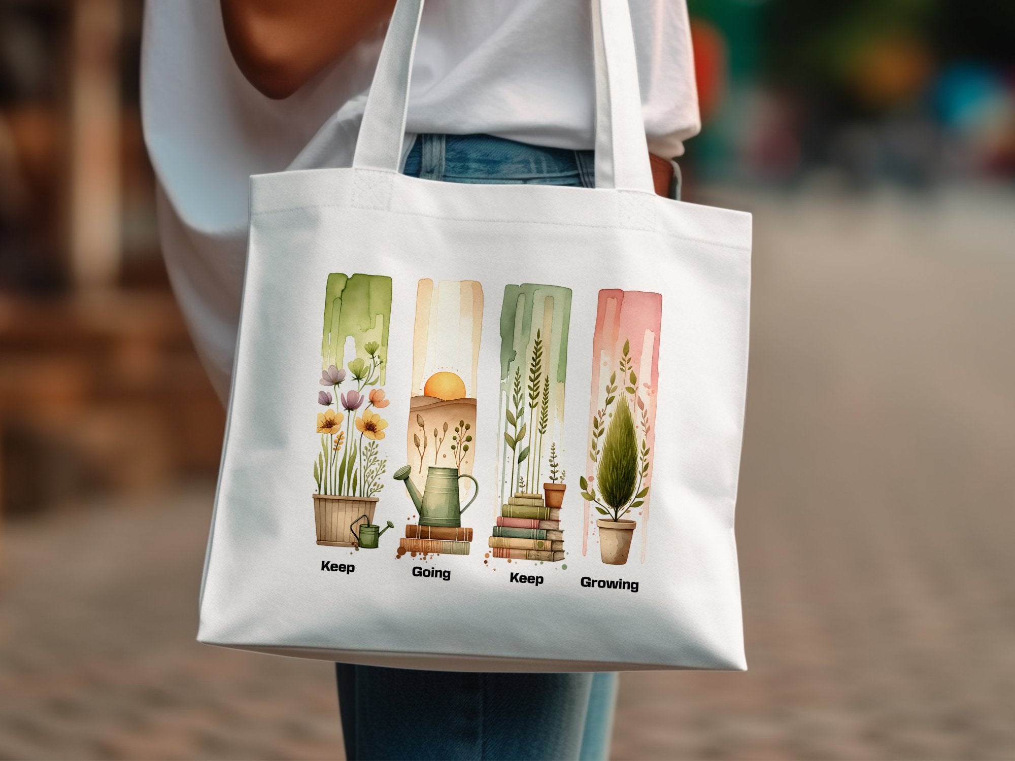 Botanical Canvas Tote Bag, Eco-Friendly Reusable Grocery Bag with Plant Illustrations, Inspirational Quote Beach Bag