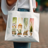 Botanical Canvas Tote Bag, Eco-Friendly Reusable Grocery Bag with Plant Illustrations, Inspirational Quote Beach Bag