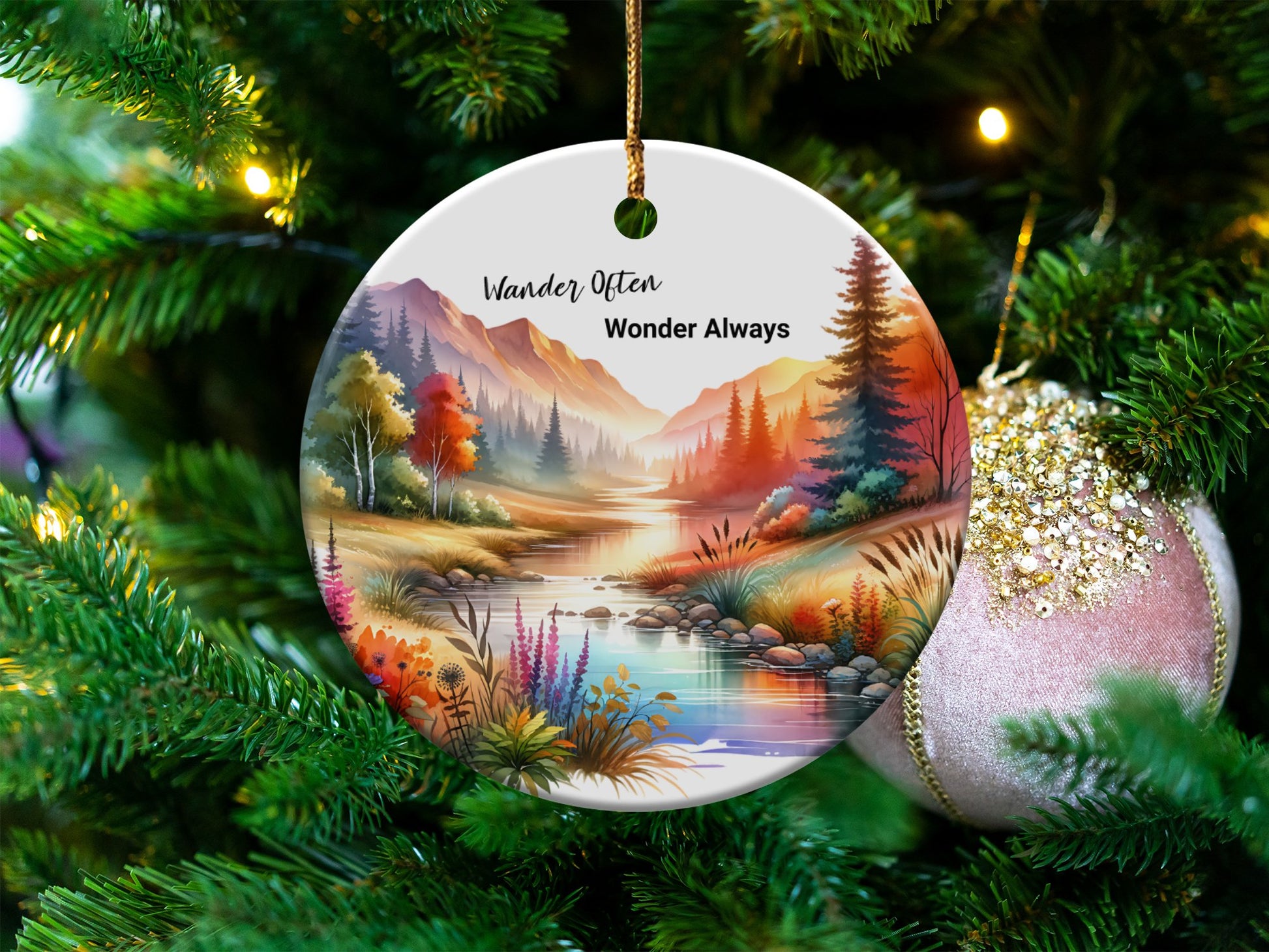 Scenic Mountain Lake Christmas Ornament, Nature Inspired Holiday Decor, Vibrant Tree Decoration