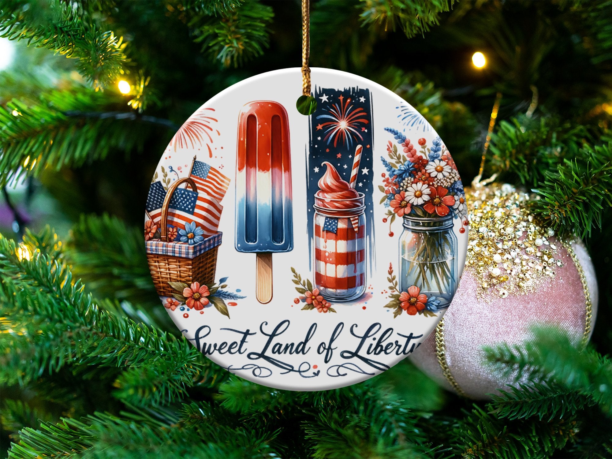 Patriotic Ornament, 'Sweet Land of Liberty' Ceramic Decoration, USA Flag, Fireworks Design, Summer BBQ Theme, Christmas Tree Decor