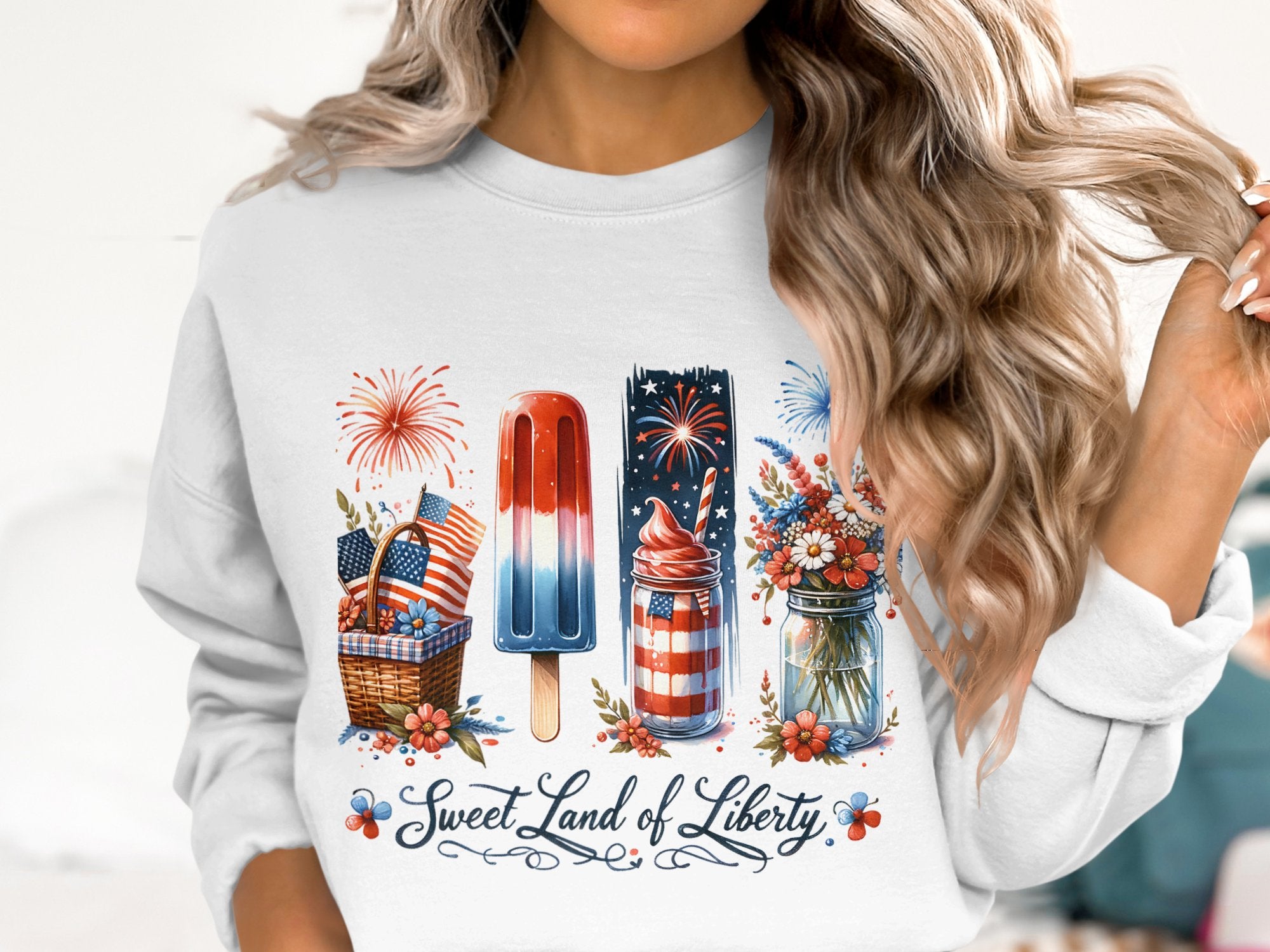 Women's Patriotic Sweatshirt, 4th of July Graphic Pullover, American Flag Popsicle Design, Fireworks and Floral, Casual Summer Top