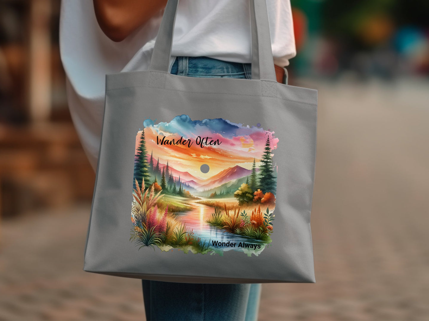 Nature Scenery Tote Bag, Sunset Mountain Landscape, Colorful Artistic Outdoor Design, Eco-Friendly Reusable Bag