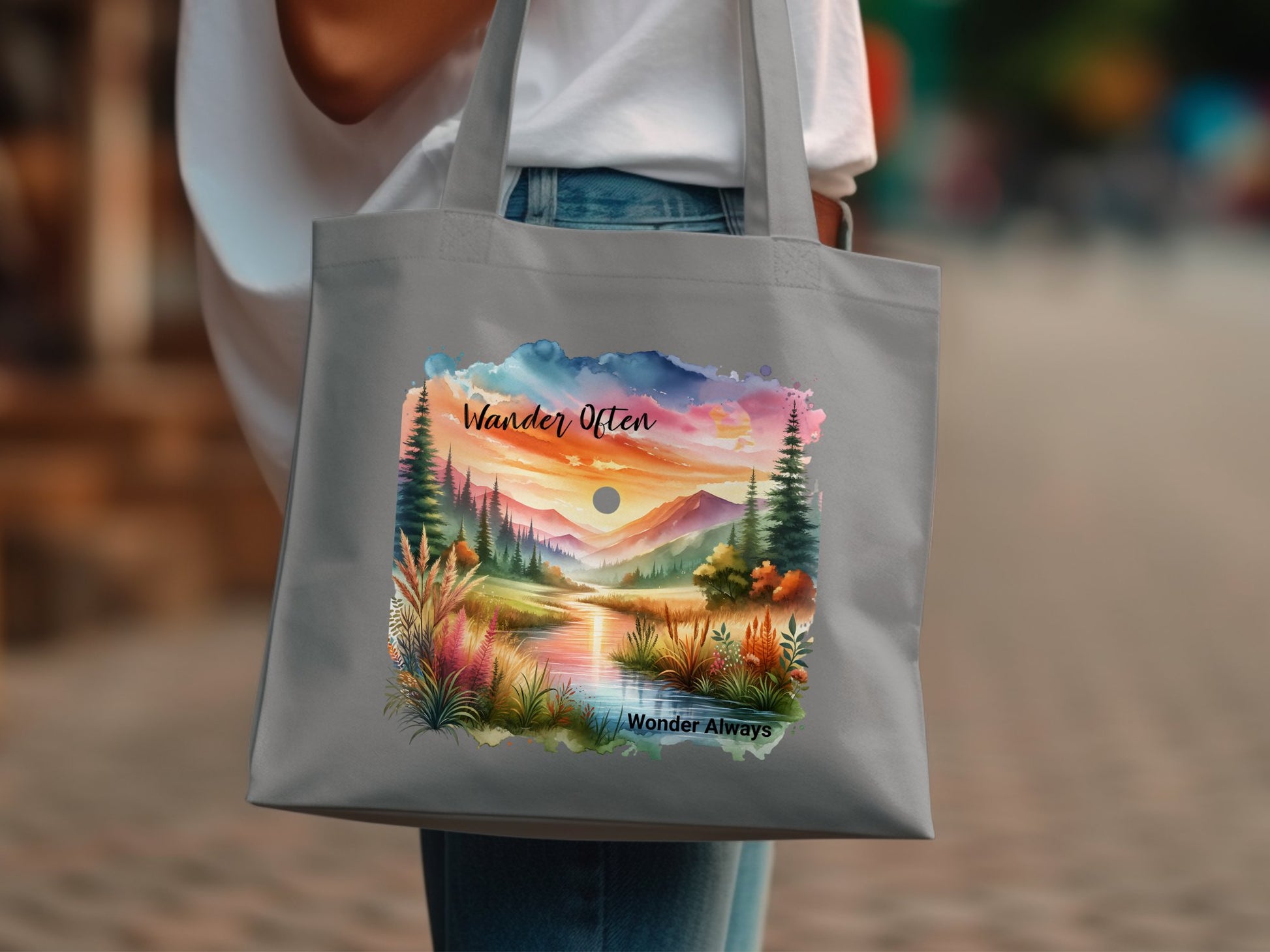Nature Scenery Tote Bag, Sunset Mountain Landscape, Colorful Artistic Outdoor Design, Eco-Friendly Reusable Bag