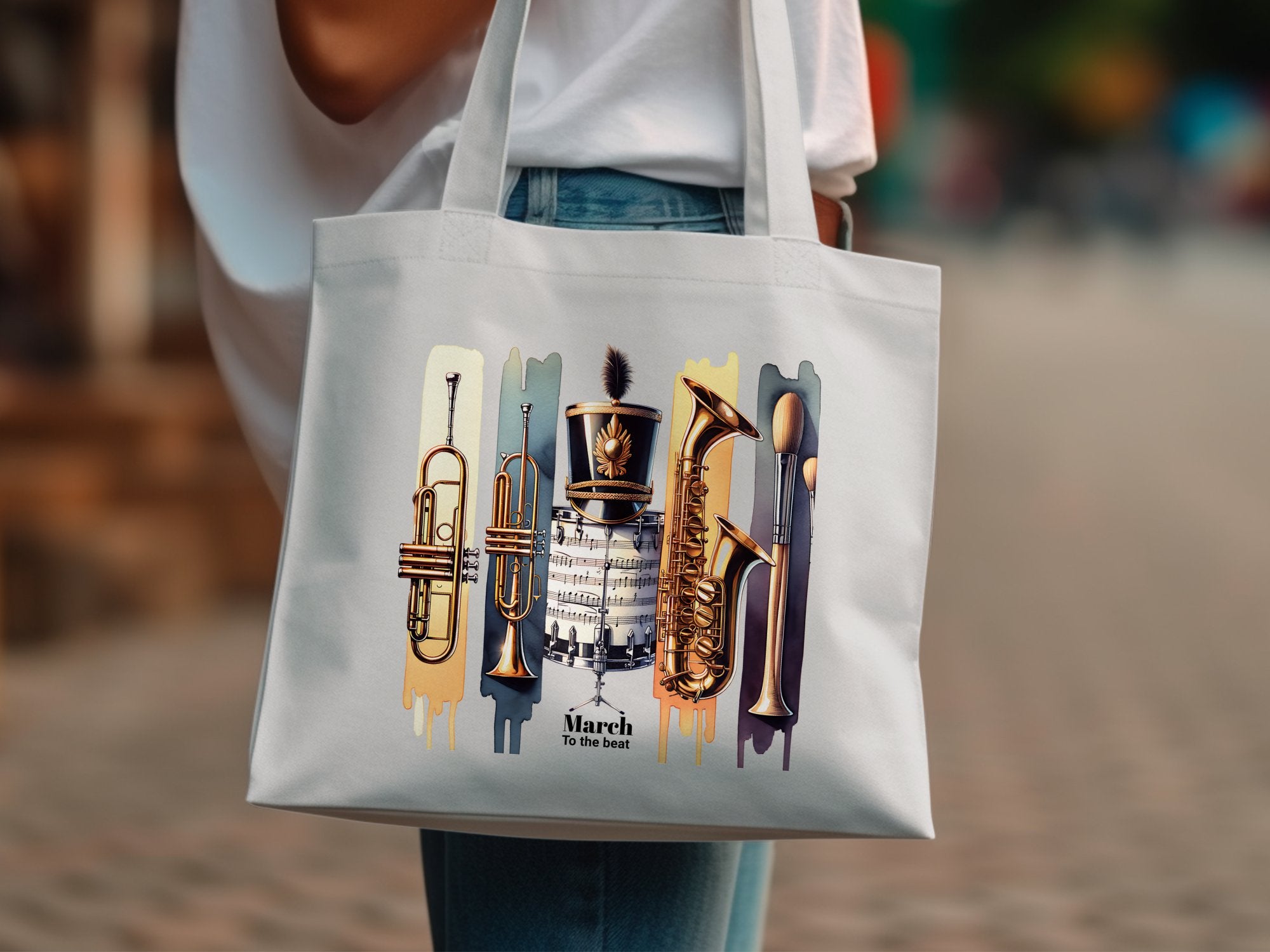 Colorful Marching Band Instruments Canvas Tote Bag, Music Themed Shoulder Bag, Gift for Musicians