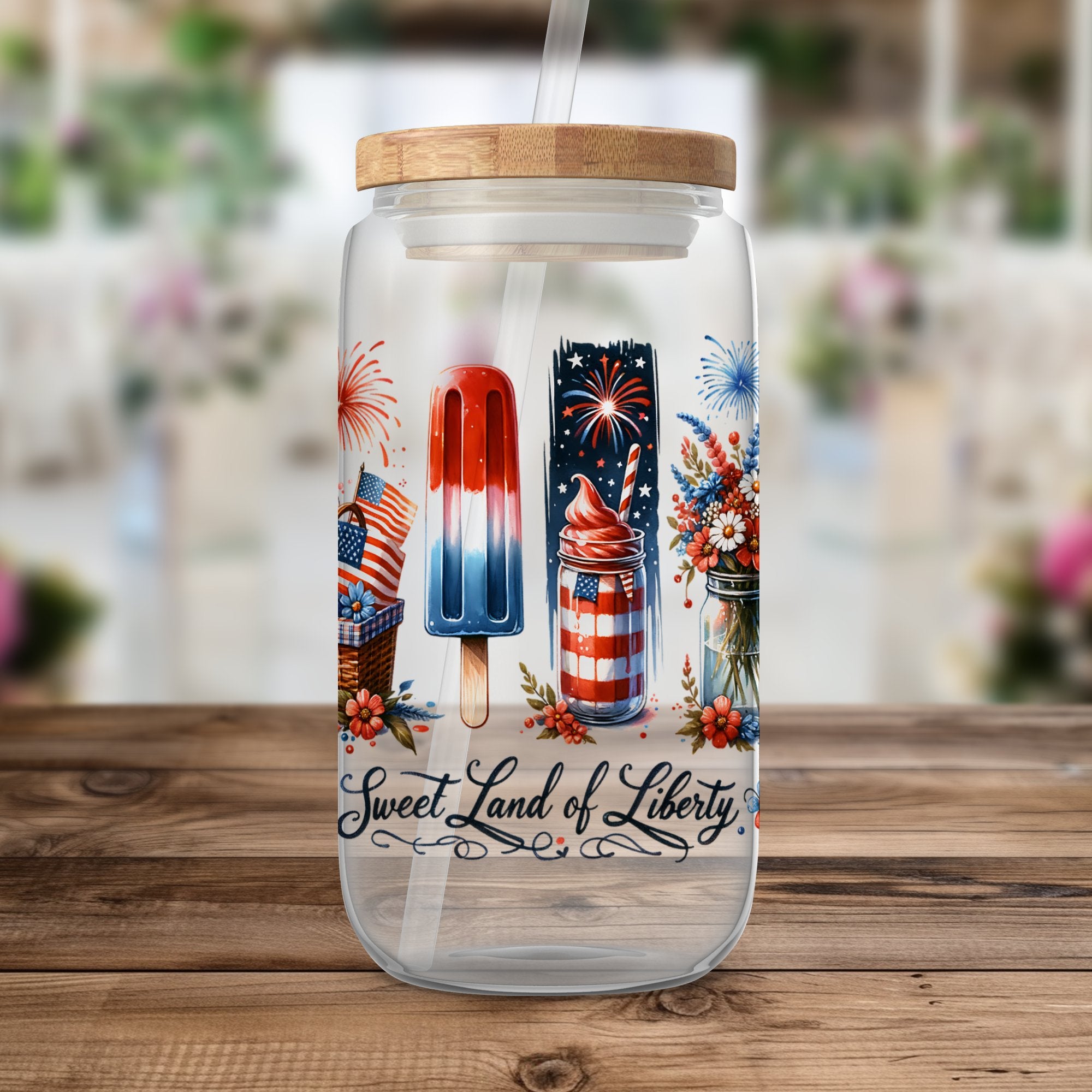Patriotic Mason Jar Tumbler, Sweet Land of Liberty Design, 4th of July Fireworks and Ice Pop Graphics, Reusable Drinkware