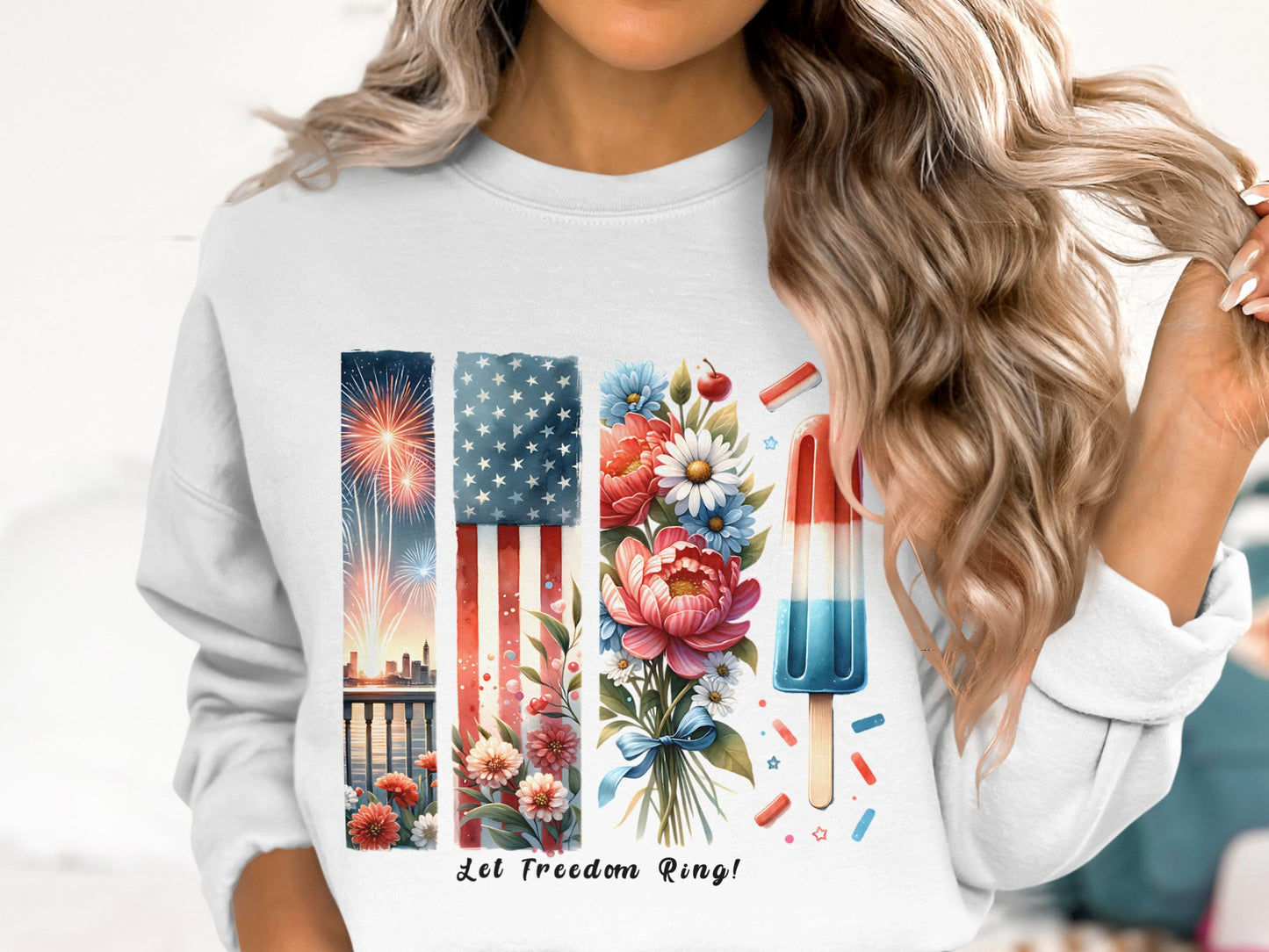 Patriotic Sweatshirt Women, 4th of July Floral American Flag Fireworks Graphic, Independence Day Outfit, Soft Comfortable Casual Wear