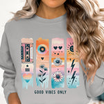 Good Vibes Only Sweatshirt, Retro Aesthetic Pullover, Vintage Graphic Crewneck, Pastel Color Blocks, Women's Fashion Top