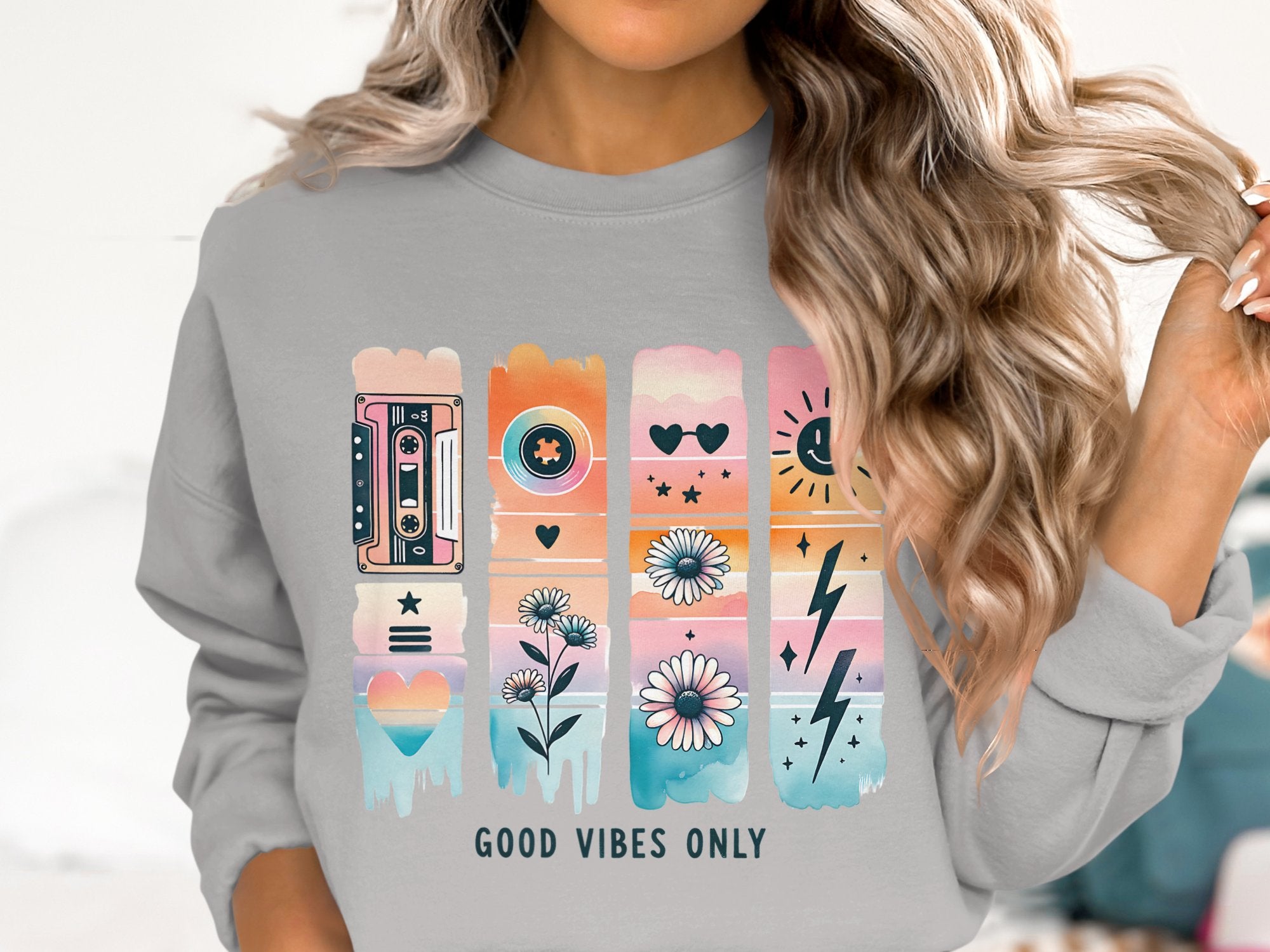 Good Vibes Only Sweatshirt, Retro Aesthetic Pullover, Vintage Graphic Crewneck, Pastel Color Blocks, Women's Fashion Top