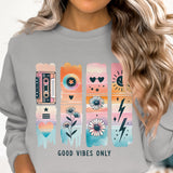 Good Vibes Only Sweatshirt, Retro Aesthetic Pullover, Vintage Graphic Crewneck, Pastel Color Blocks, Women's Fashion Top