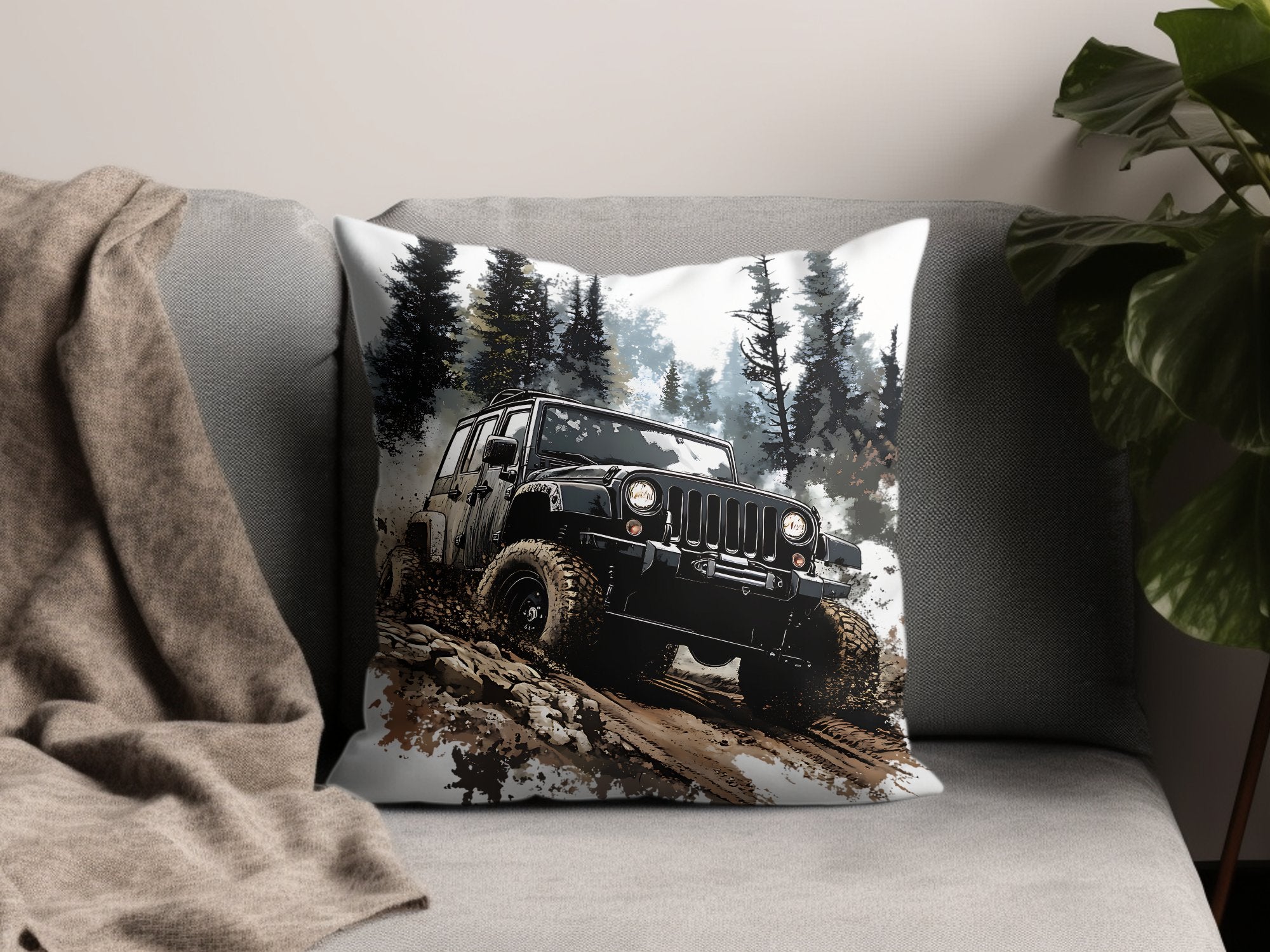 Off-Road Jeep Cushion Cover, Adventure 4x4 Vehicle Pillow, Outdoor Enthusiast Home Decor, Unique Sofa Throw Pillow Case