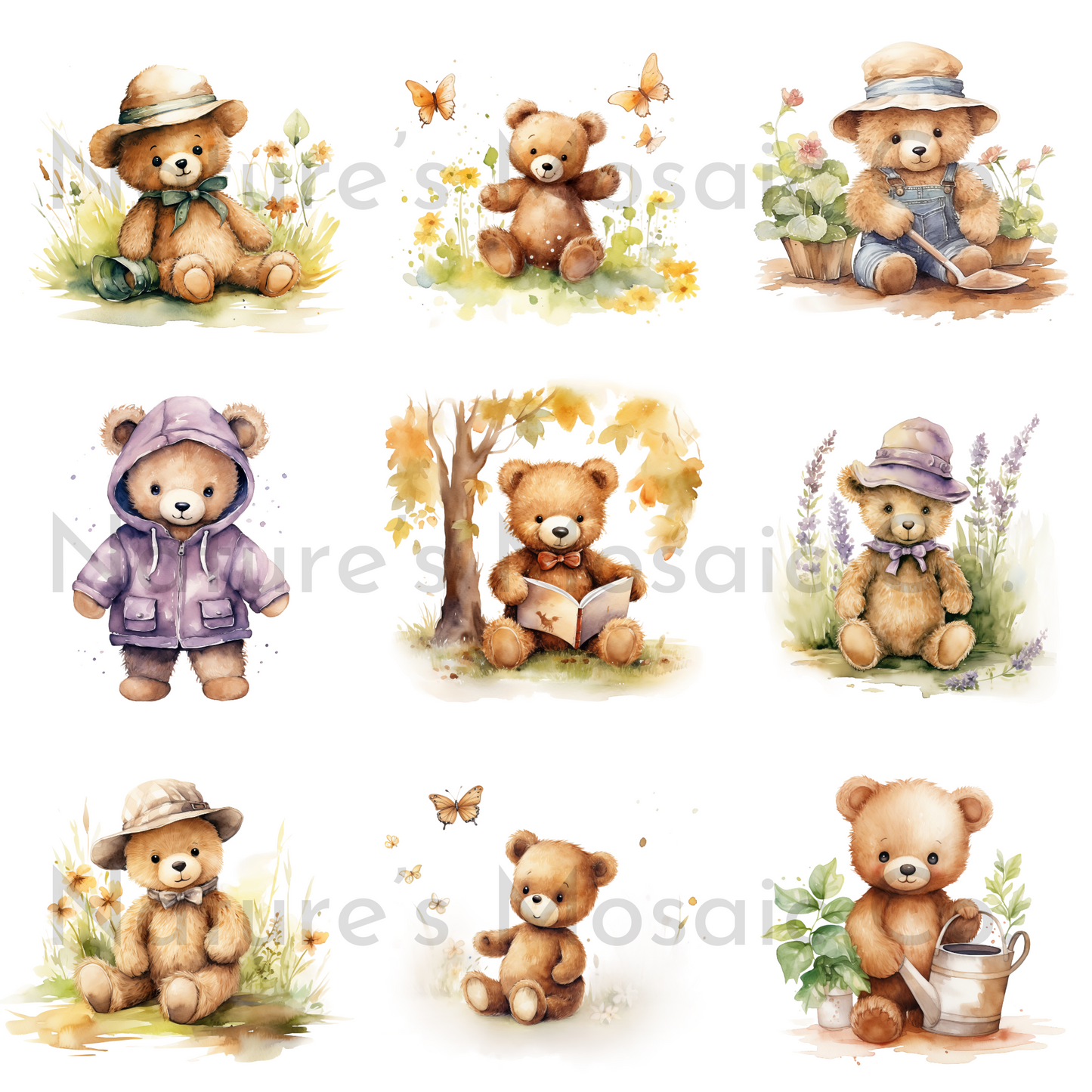 Spring Teddy Bear Clipart | 52 PNG Images | 300 DPI Transparent Background | Cute Watercolor Bear Illustrations for Scrapbooking, Stickers & Sublimation