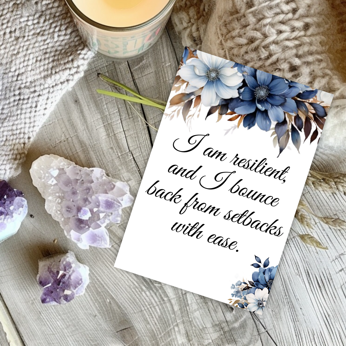 Blue Floral Affirmation Cards | 52 Printable Cards | PDF & PNG | Self-Care, Mindfulness, Motivation & Daily Inspiration