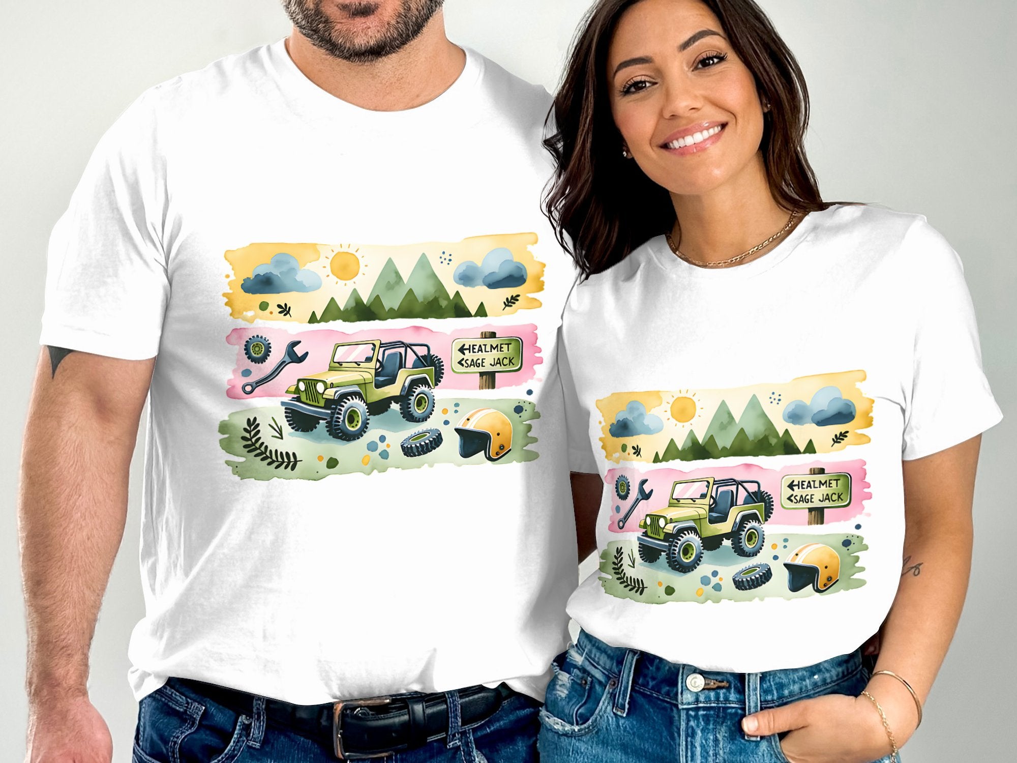 Couples Matching T-Shirts, Adventure Jeep Design, Outdoor Theme, Nature Graphic Tee, Unisex Cotton Shirt