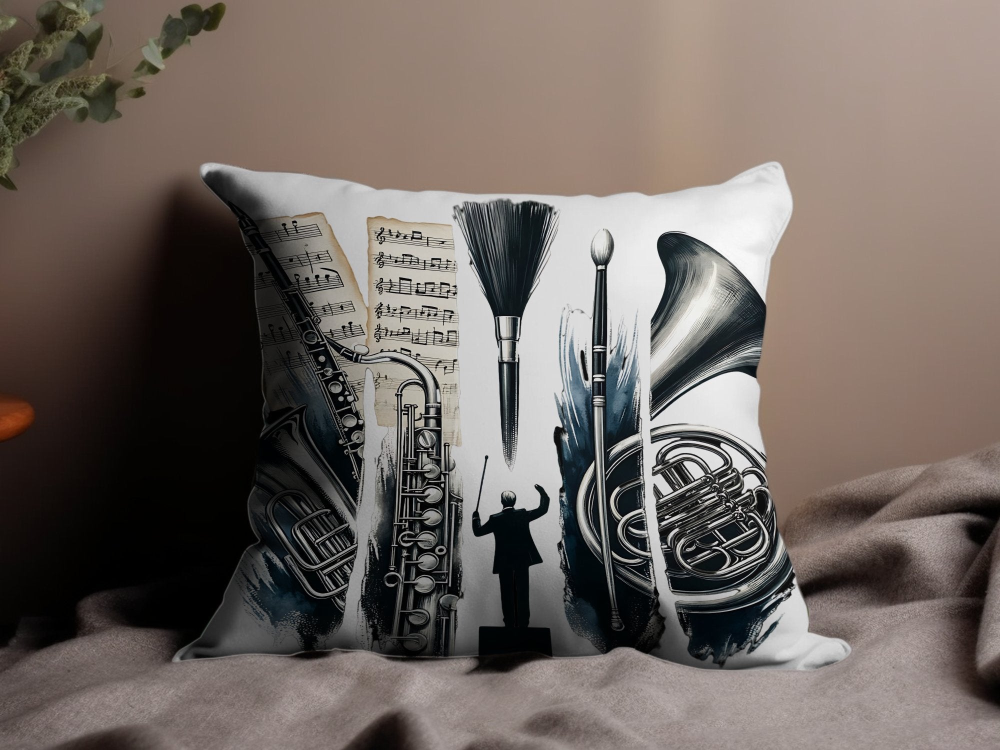 Musical Theme Decorative Pillow Cover, Orchestra Instruments Print, Conductor and Sheet Music Design, Home Decor Accent