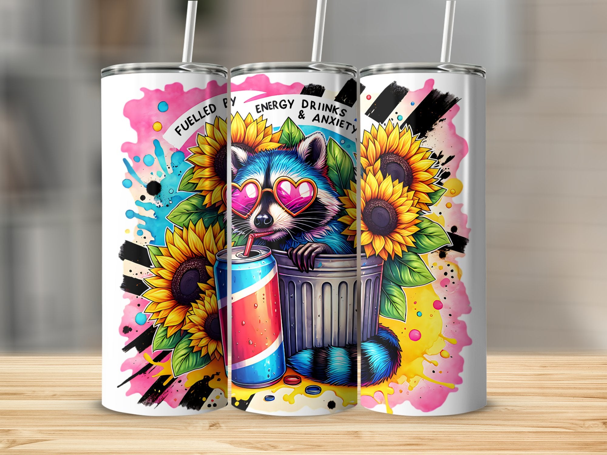 Colorful Raccoon Art Print, Sunflower and Energy Drink, Vibrant Wall Art, Eclectic Home Decor, Unique Illustration, Pop Culture Poster