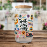 Good Vibes Only Sticker Jar - Colorful Retro Design, Floral and Peace Symbols, Wooden Lid, Decorative Storage Container for Home