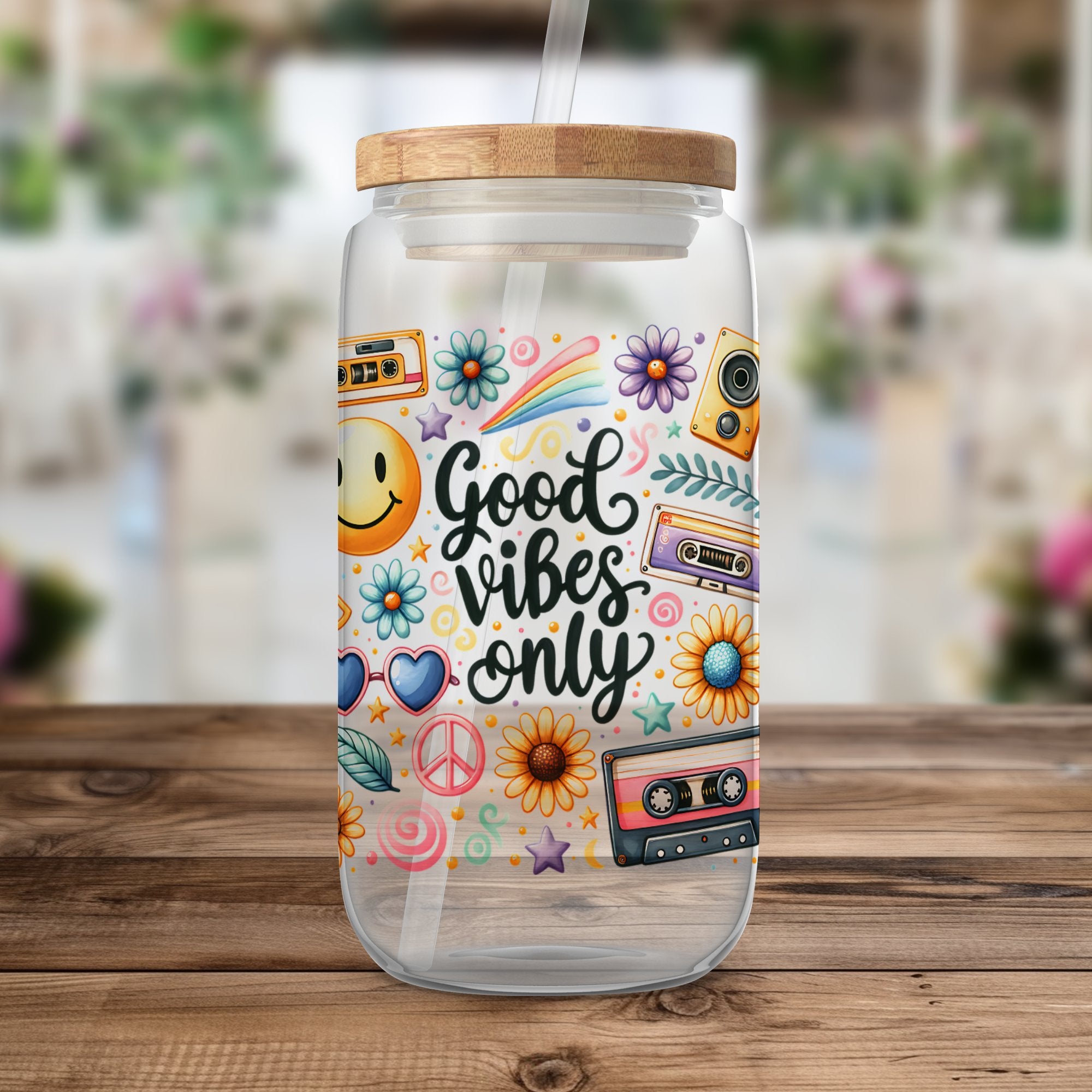 Good Vibes Only Sticker Jar - Colorful Retro Design, Floral and Peace Symbols, Wooden Lid, Decorative Storage Container for Home
