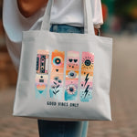Colorful Retro Aesthetic Tote Bag, Good Vibes Only, Canvas Shopping Bag, Stylish Beach Tote, Eco-Friendly Reusable Bag
