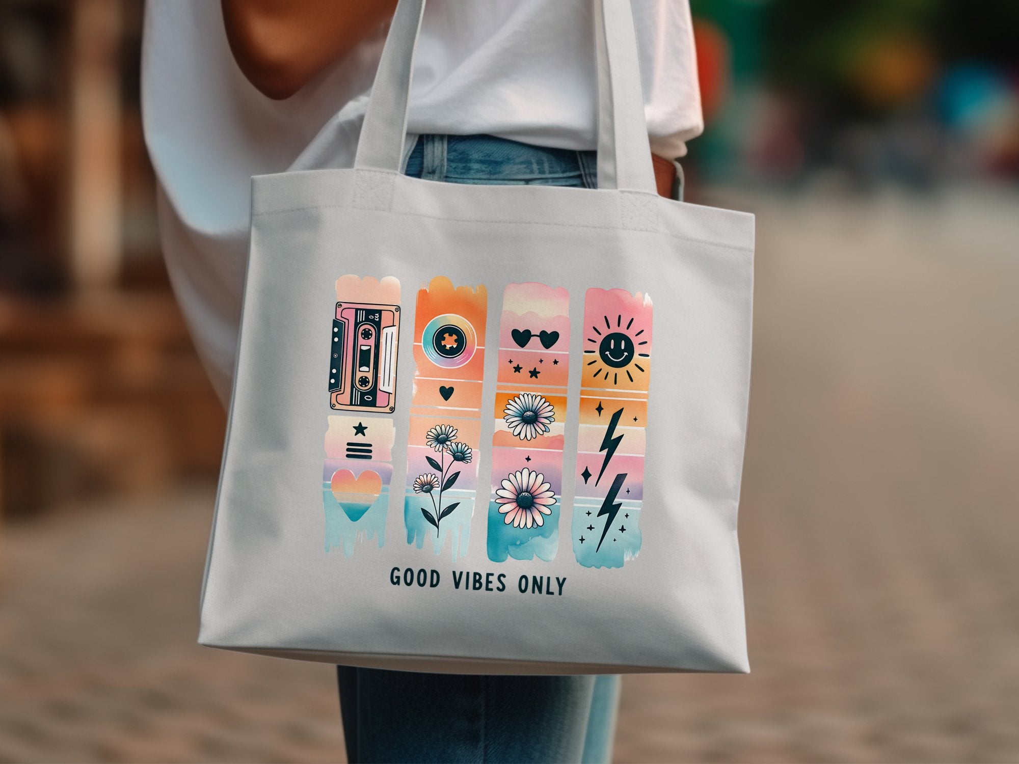Colorful Retro Aesthetic Tote Bag, Good Vibes Only, Canvas Shopping Bag, Stylish Beach Tote, Eco-Friendly Reusable Bag