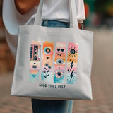 Colorful Retro Aesthetic Tote Bag, Good Vibes Only, Canvas Shopping Bag, Stylish Beach Tote, Eco-Friendly Reusable Bag