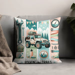 Adventure Outdoor Themed Throw Pillow Cover, Jeep and Mountain Illustration, Rockin' the Trails Decorative Cushion for Sofa or Bed