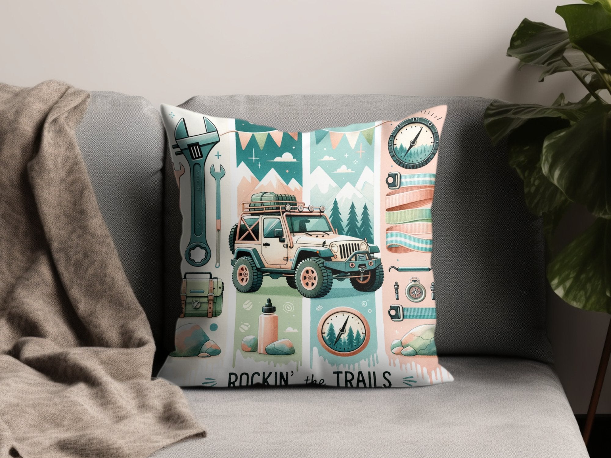 Adventure Outdoor Themed Throw Pillow Cover, Jeep and Mountain Illustration, Rockin' the Trails Decorative Cushion for Sofa or Bed