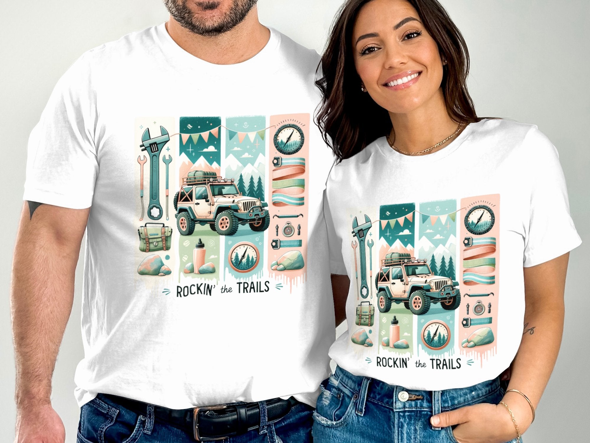 Couples Matching T-Shirts, Adventure Camping Graphic Tee, Rockin' The Trails Shirt, Outdoor Casual Wear