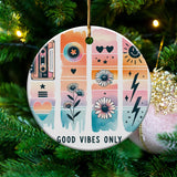 Good Vibes Only Christmas Ornament, Holiday Decorative Hanging Circle with Retro Icons and Floral Design, Festive Tree Decoration