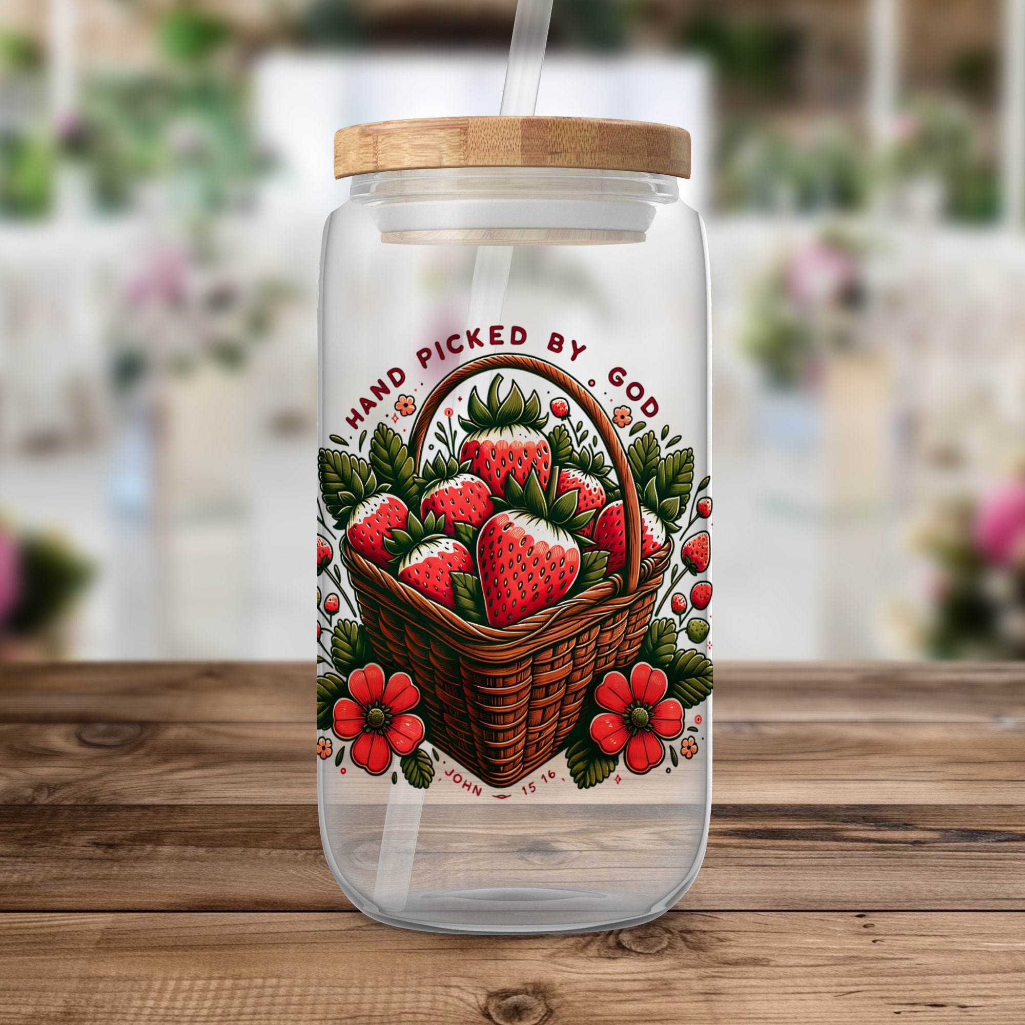 Hand Picked by God Strawberry Basket Design Clear Water Bottle, Eco-Friendly, Gift Idea