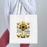 Jesus and Chickens Tote Bag, Sunflower and Yellow Chickens, Christian Themed Cotton Bag, Casual Carryall