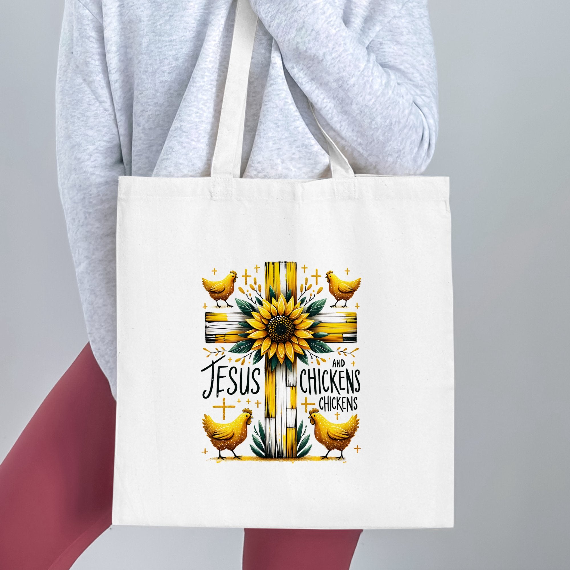 Jesus and Chickens Tote Bag, Sunflower and Yellow Chickens, Christian Themed Cotton Bag, Casual Carryall