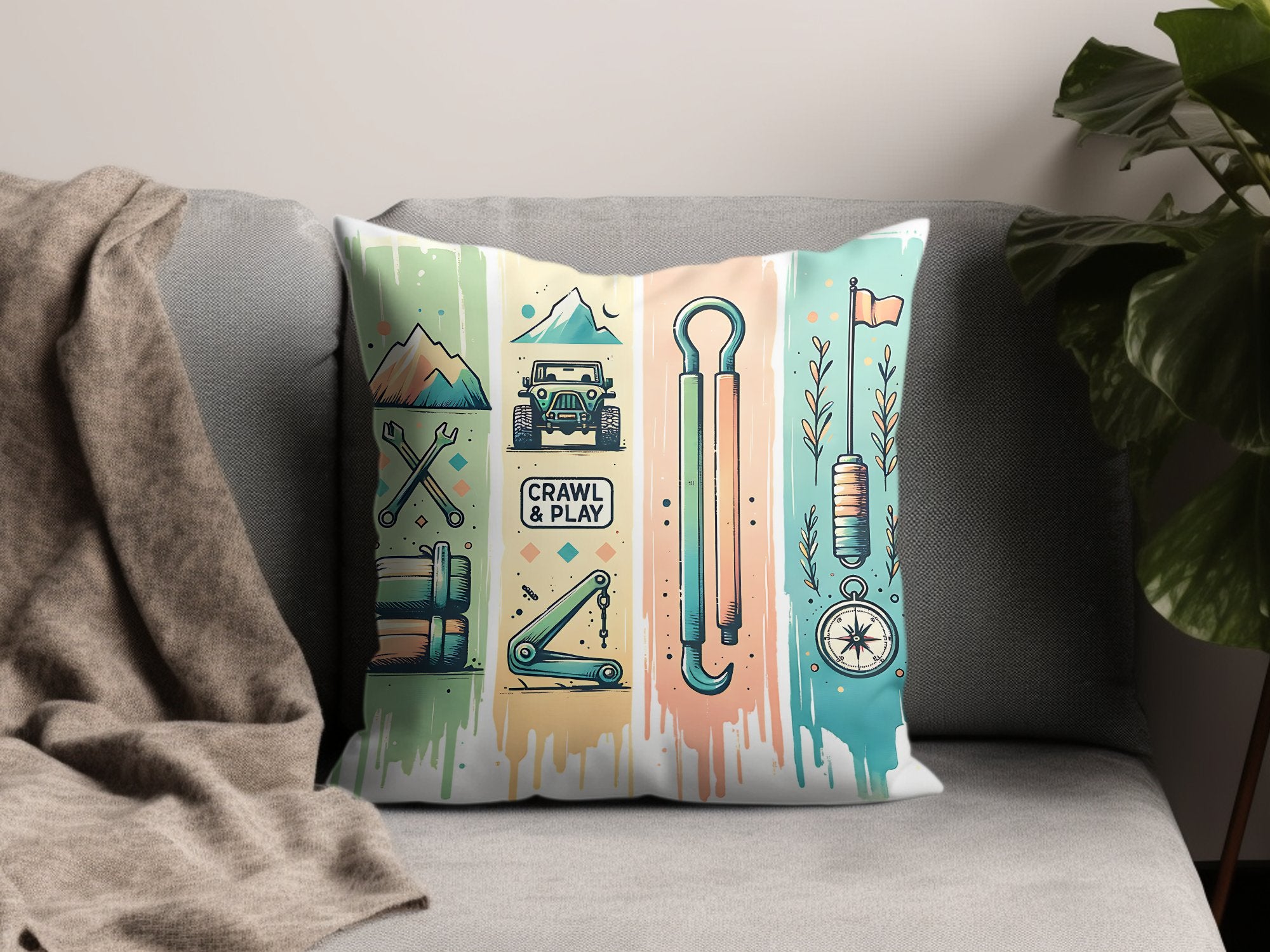 Colorful Adventure and Camping Themed Decorative Throw Pillow for Sofa or Bed