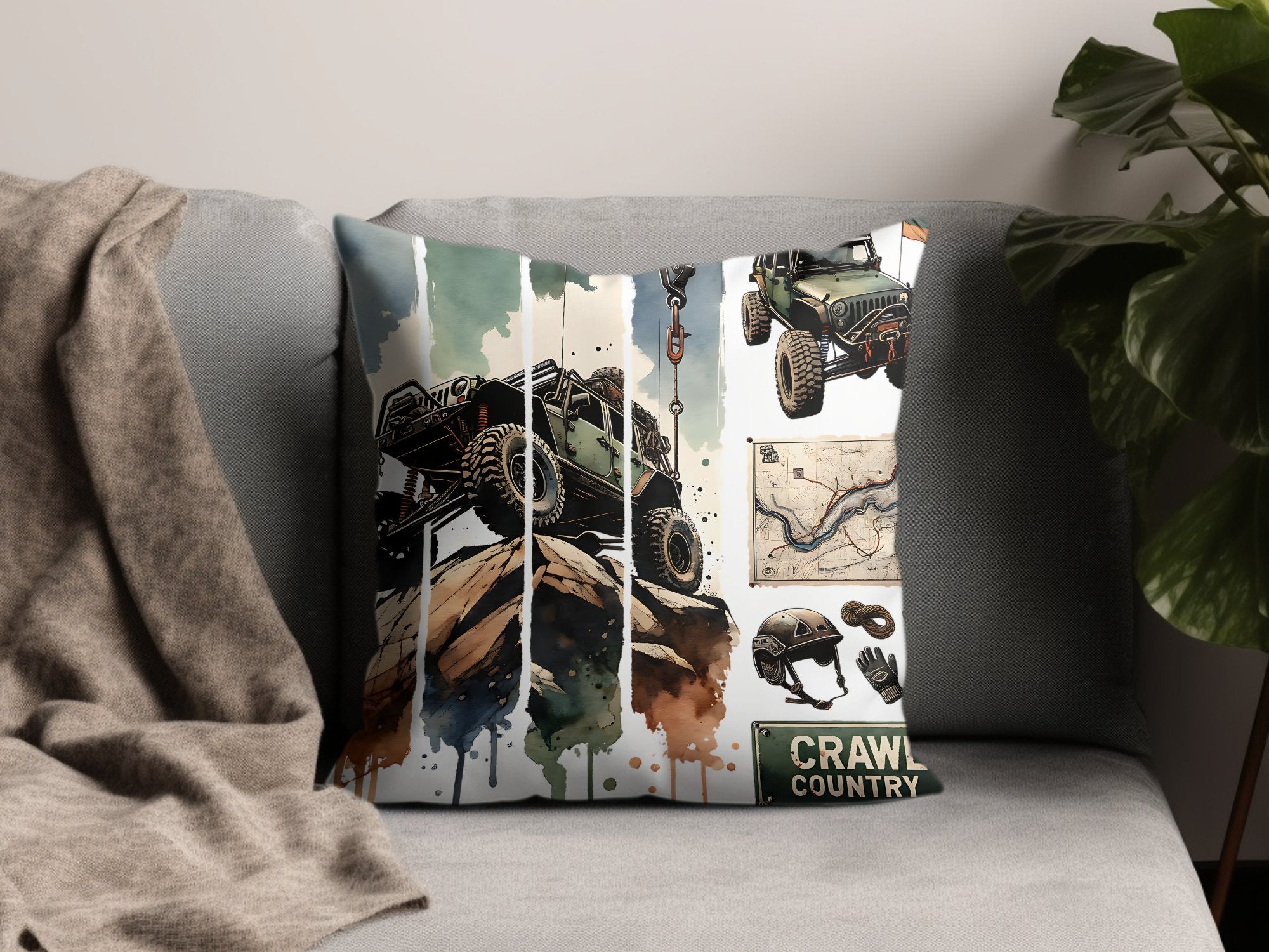 Off-Road Adventure Throw Pillow, 4x4 Truck Art Cushion, Crawl Country Comic Style, Home Decor, Unique Gift for Car Enthusiasts