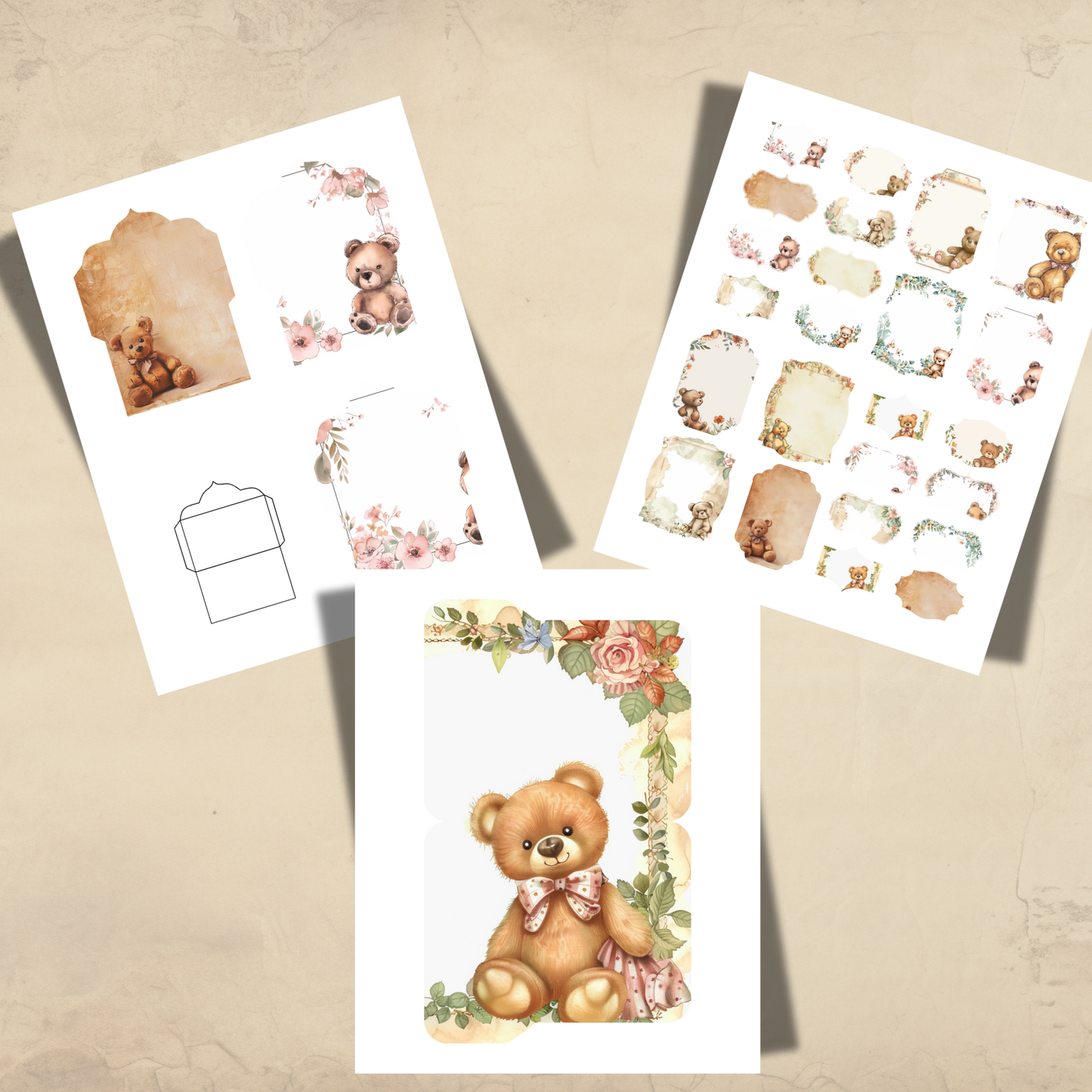 Bear Junk Journal Ephemera 34 Pages Vintage Woodland Printables Tags Envelopes Pockets Labels Scrapbooking Digital Download