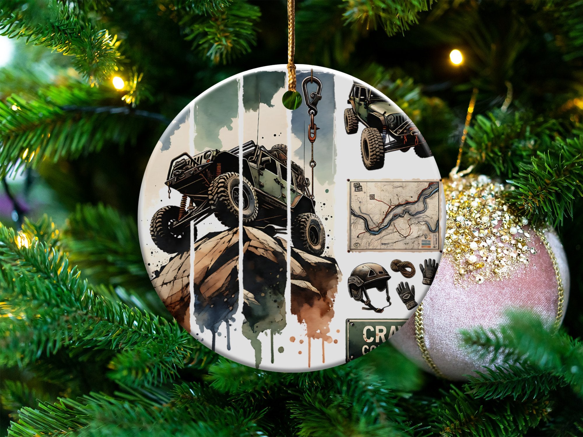 Off-Road Adventure Ceramic Ornament, Christmas Tree Decor, Durable Festive Hanging, Vehicle and Map Illustration