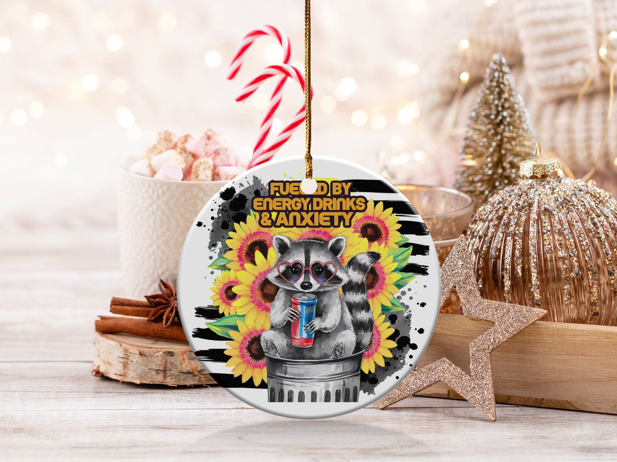 Funny Raccoon Ornament, Fueled by Energy Drinks and Anxiety, Unique Christmas Decor, Festive Holiday Gift, Colorful Animal Hanging