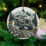 Vintage Jeep Adventure Ceramic Ornament, Mountain Landscape Christmas Decor, Rustic Tree Decoration, Off-Road Vehicle Keepsake.