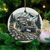 Vintage Jeep Adventure Ceramic Ornament, Mountain Landscape Christmas Decor, Rustic Tree Decoration, Off-Road Vehicle Keepsake.