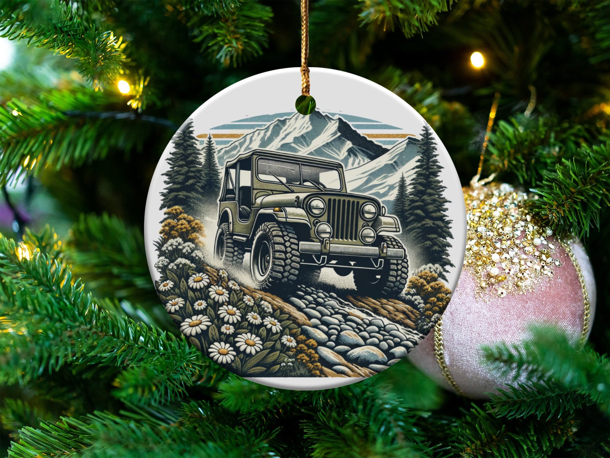 Vintage Jeep Adventure Ceramic Ornament, Mountain Landscape Christmas Decor, Rustic Tree Decoration, Off-Road Vehicle Keepsake.
