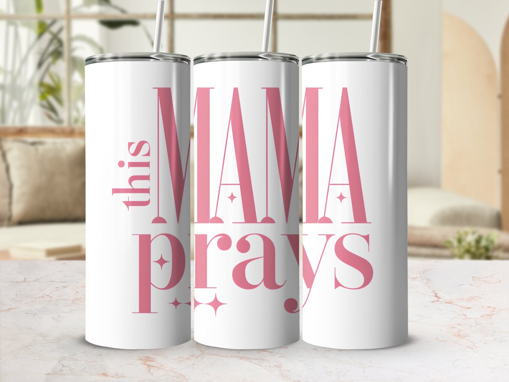 Inspirational Mama Prays Tumbler, Stainless Steel Travel Mug, Pink Mother’s Day Gift, Christian Coffee Cup with Stars