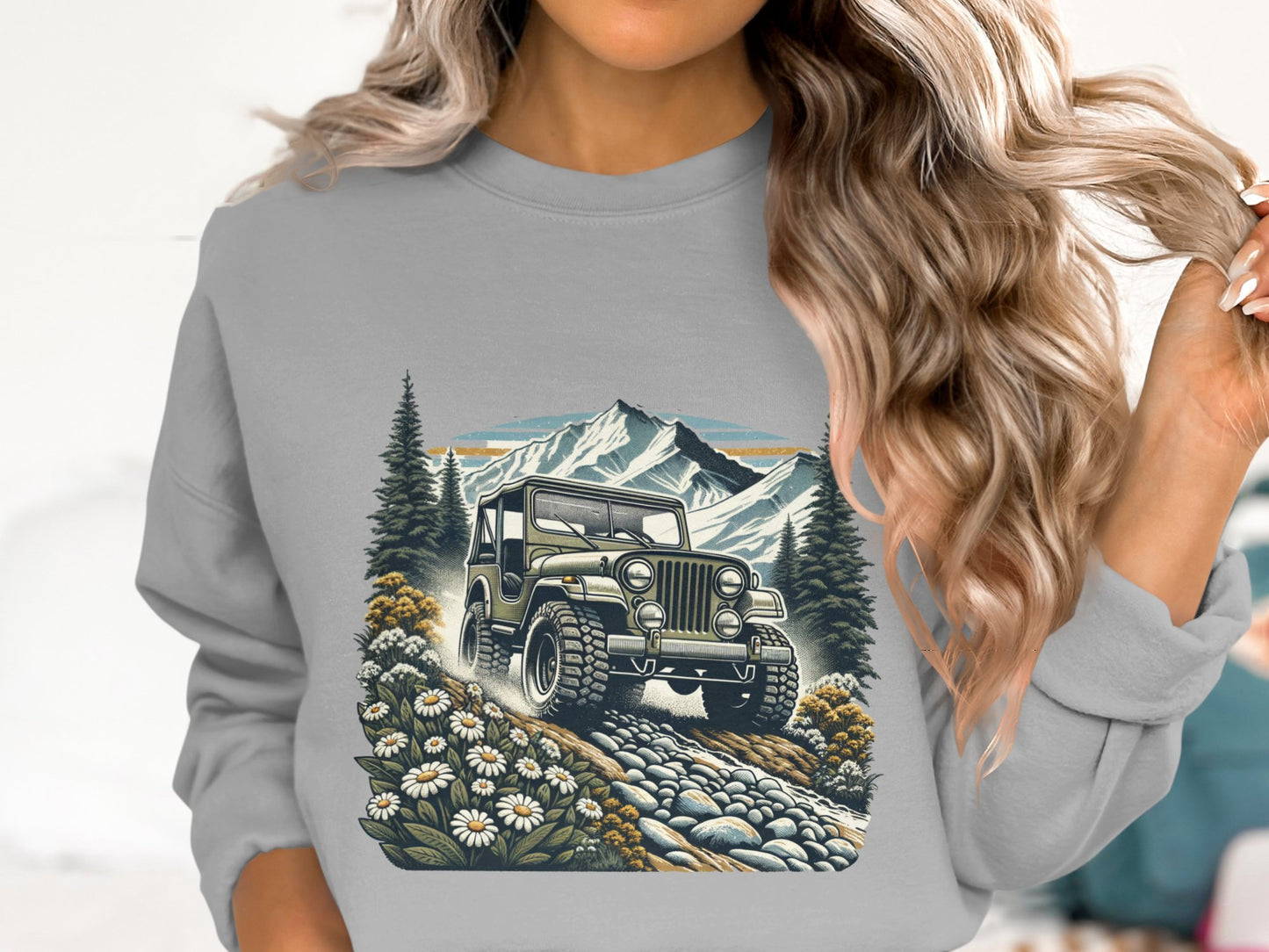 Vintage Jeep Mountain Adventure Graphic Sweatshirt, Retro Off-Road Vehicle Pullover, Unisex Casual Hiking Apparel