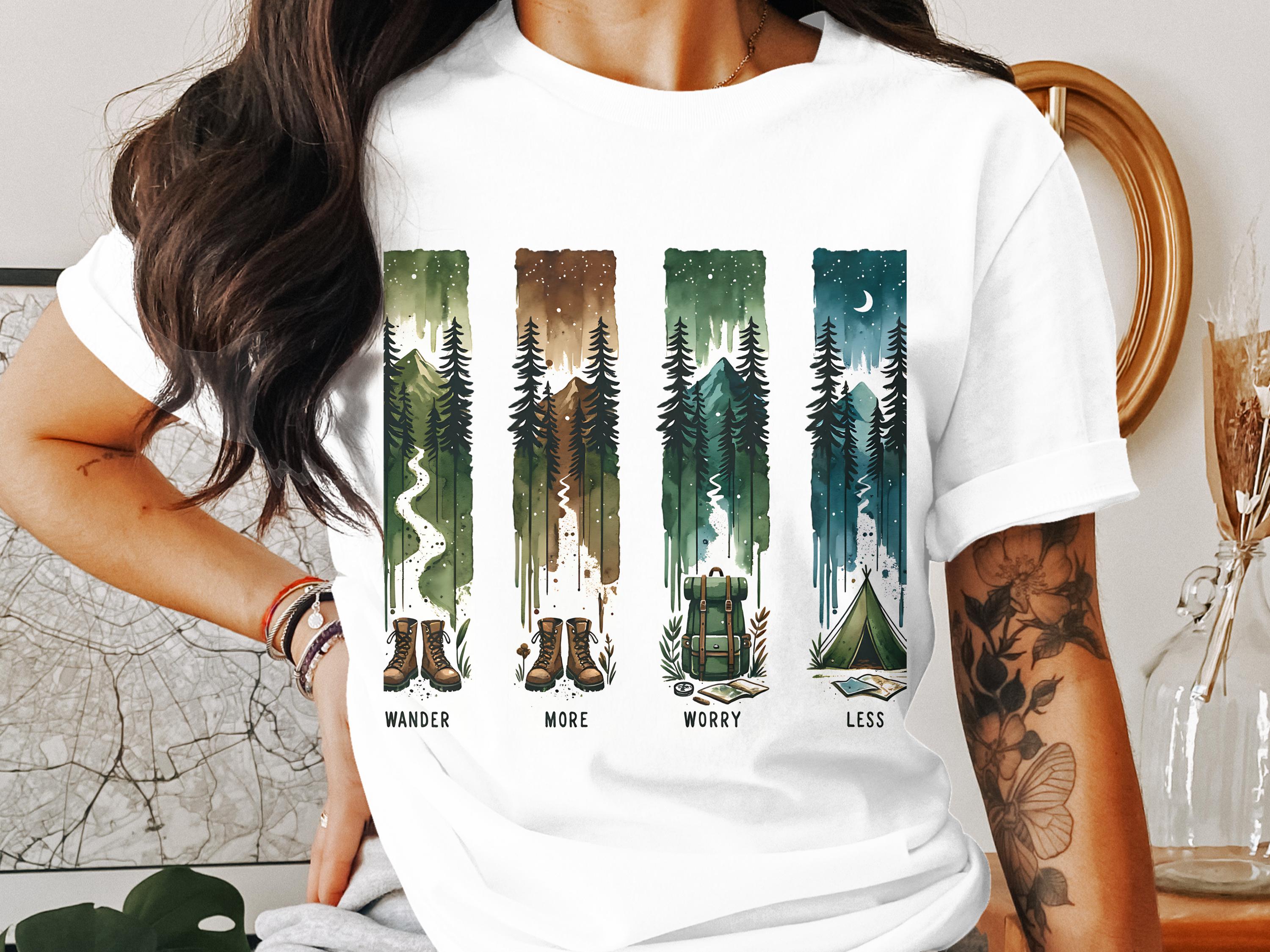 Women's White T-Shirt with Nature Graphic, Forest Design, Wander More Worry Less Motto, Casual Style Top.