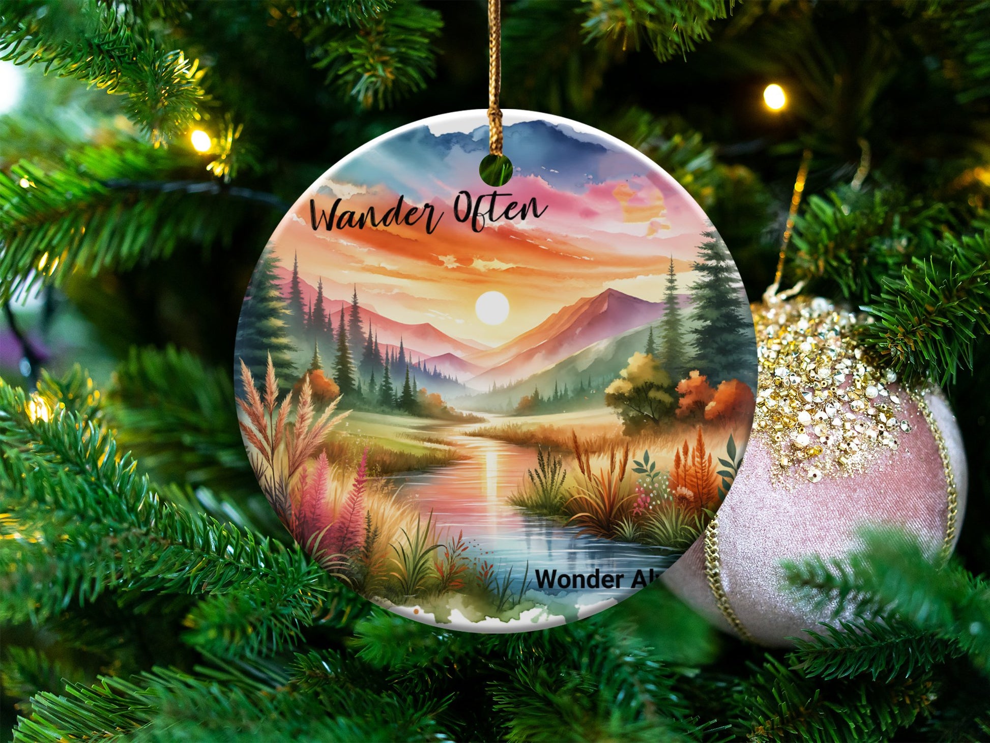 Wander Often Wonder Always Scenic Mountain Lake Sunset Christmas Ornament, Tree Decoration, Holiday Gift Idea