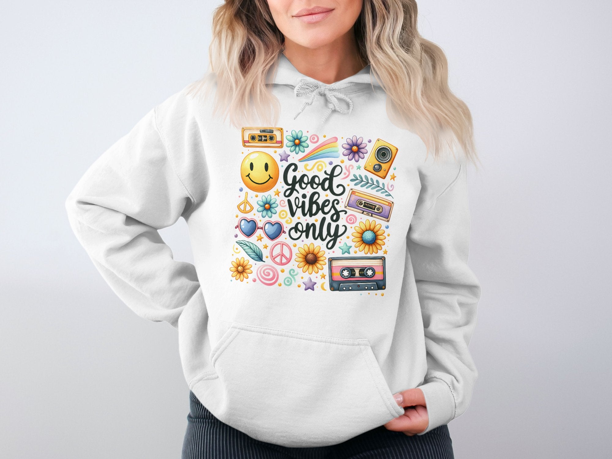Women's Graphic Hoodie - Good Vibes Only Floral and Retro Design Sweatshirt, Casual Fashion Pullover