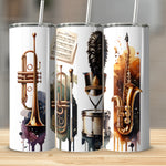 Set of 3 Musical Tumblers, Trumpet Saxophone Drum Design, Stainless Steel Insulated Cups, Music Lover Gift