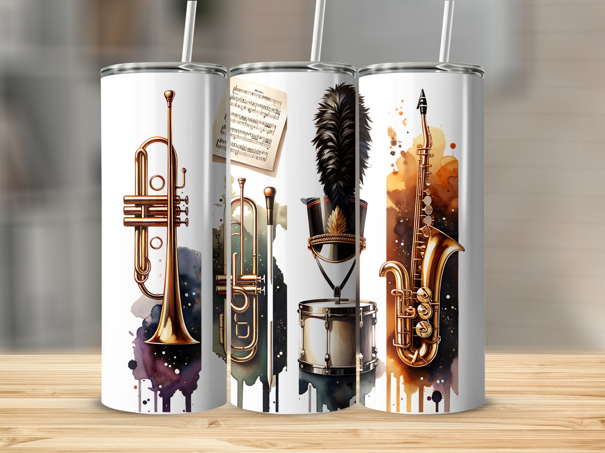 Set of 3 Musical Tumblers, Trumpet Saxophone Drum Design, Stainless Steel Insulated Cups, Music Lover Gift