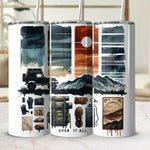 Adventure Themed Tumbler Cups, Mountain and Overland Travel Designs, Unique Illustrated Drinkware Set